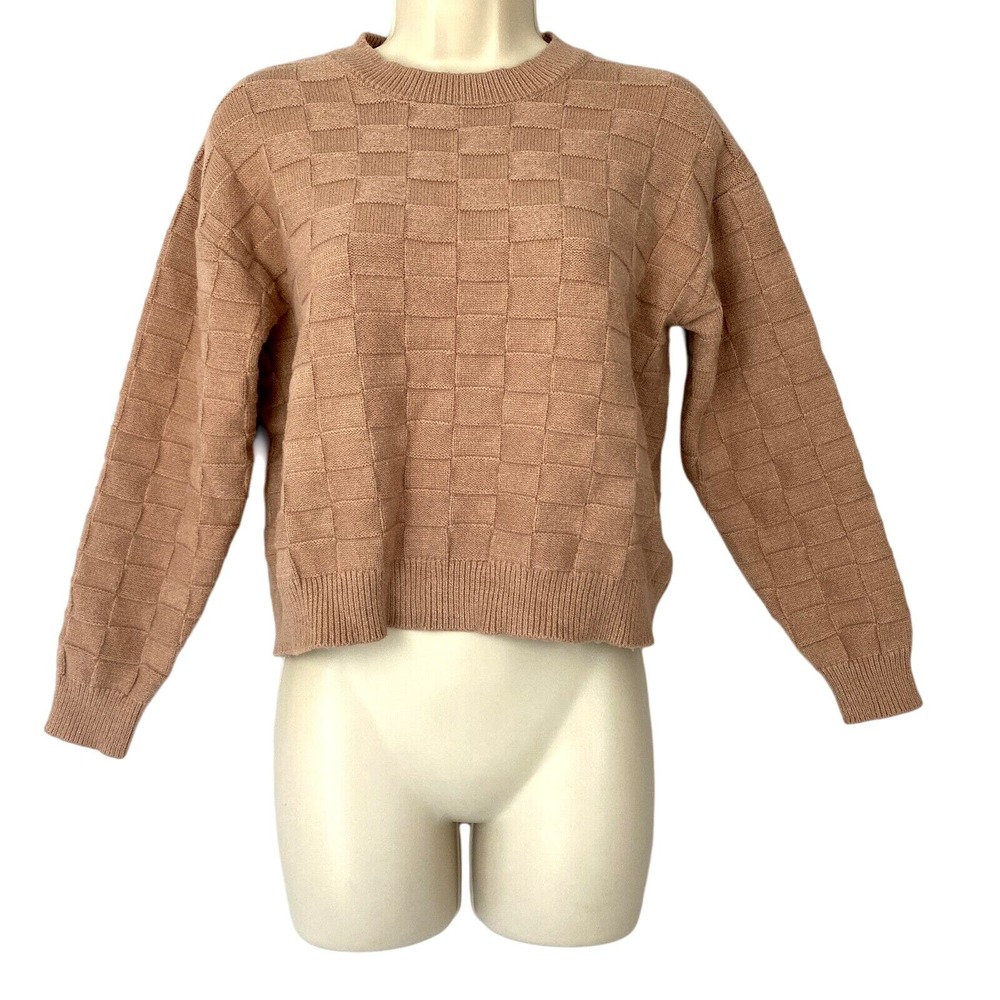 Poof Apparel‎ Sweater Womens Medium Blush Dusty Pink Cropped Soft Girl Checkered